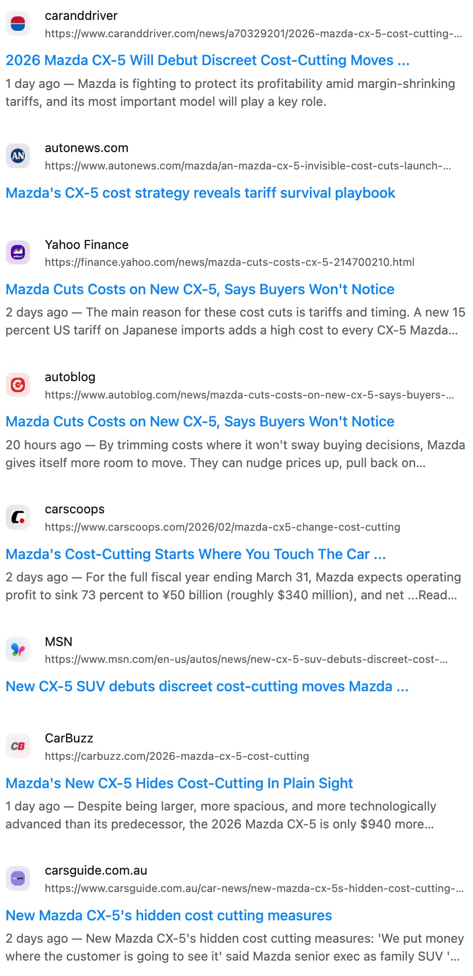 Search results for “Mazda earnings call CX-5 cost-cutting quotes and context”